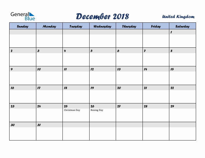 December 2018 Calendar with Holidays in United Kingdom