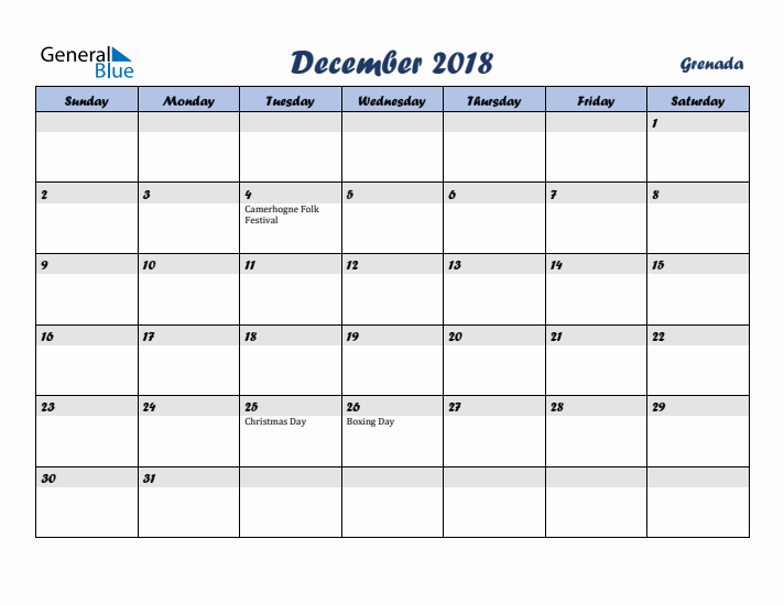 December 2018 Calendar with Holidays in Grenada