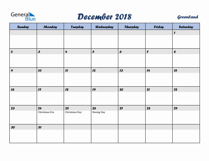December 2018 Calendar with Holidays in Greenland