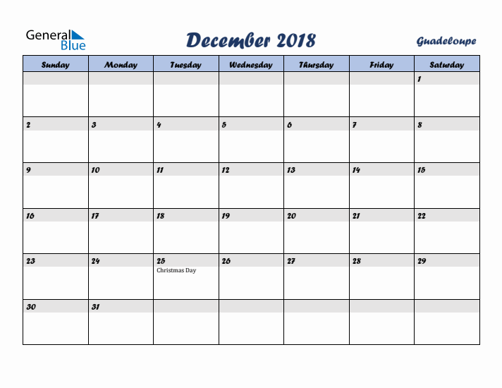 December 2018 Calendar with Holidays in Guadeloupe
