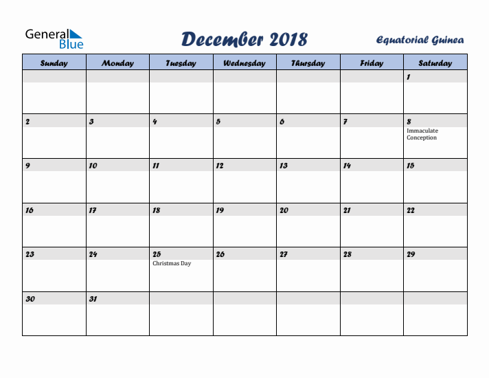 December 2018 Calendar with Holidays in Equatorial Guinea