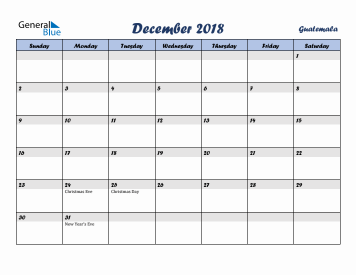 December 2018 Calendar with Holidays in Guatemala