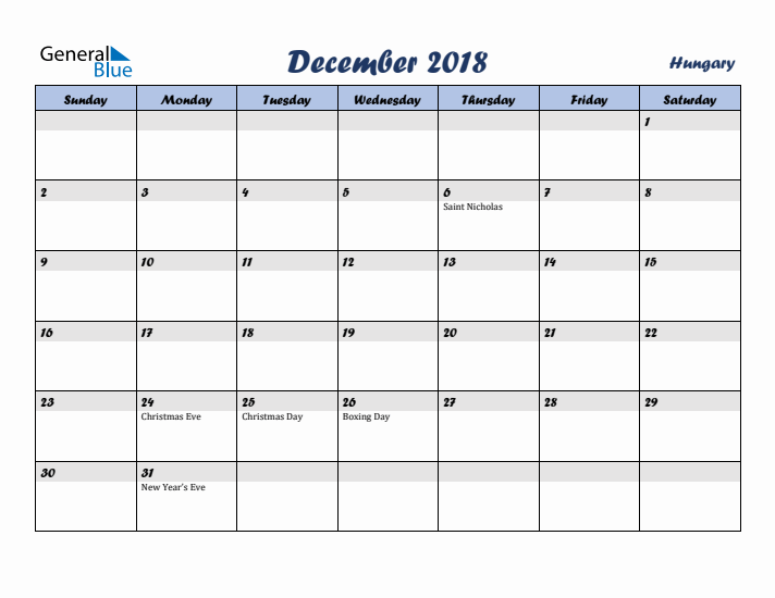 December 2018 Calendar with Holidays in Hungary