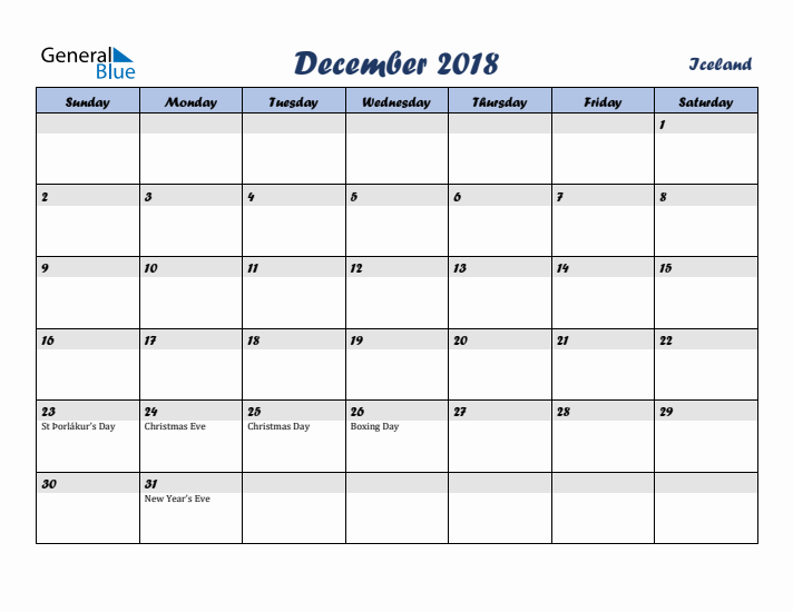 December 2018 Calendar with Holidays in Iceland