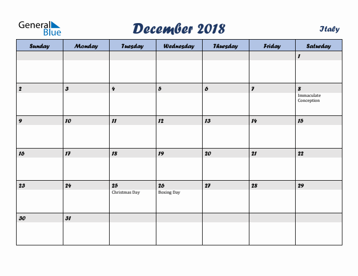 December 2018 Calendar with Holidays in Italy