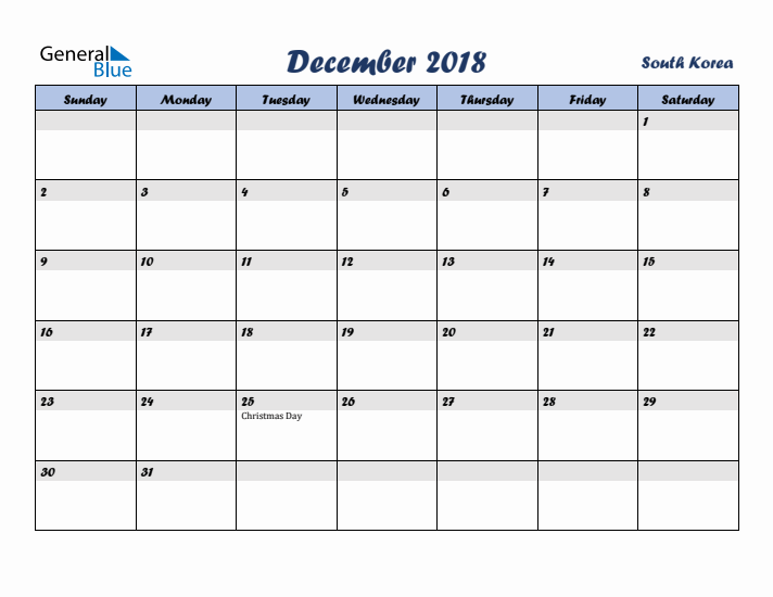 December 2018 Calendar with Holidays in South Korea