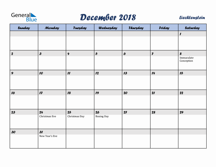 December 2018 Calendar with Holidays in Liechtenstein