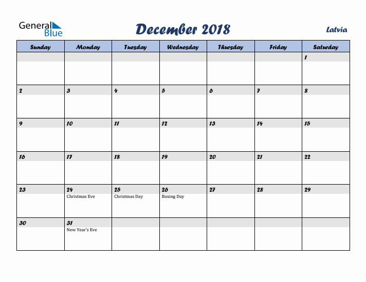 December 2018 Calendar with Holidays in Latvia