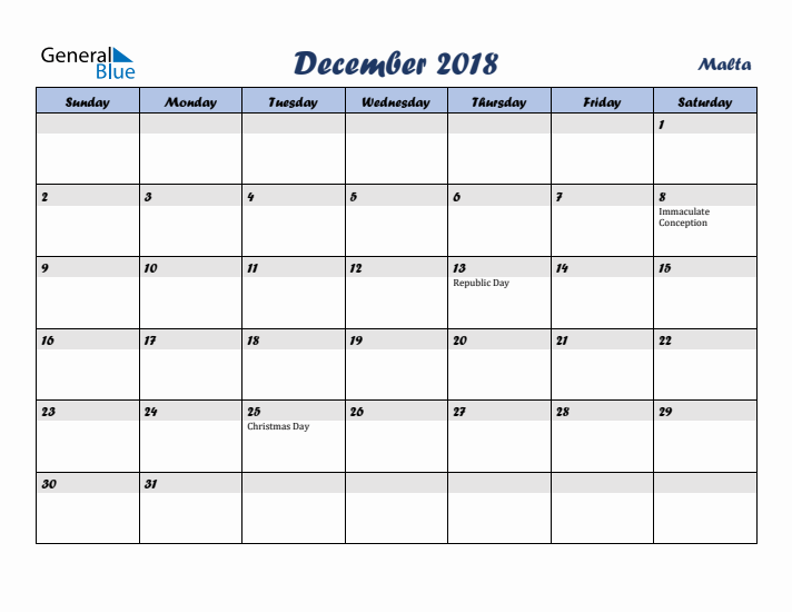 December 2018 Calendar with Holidays in Malta