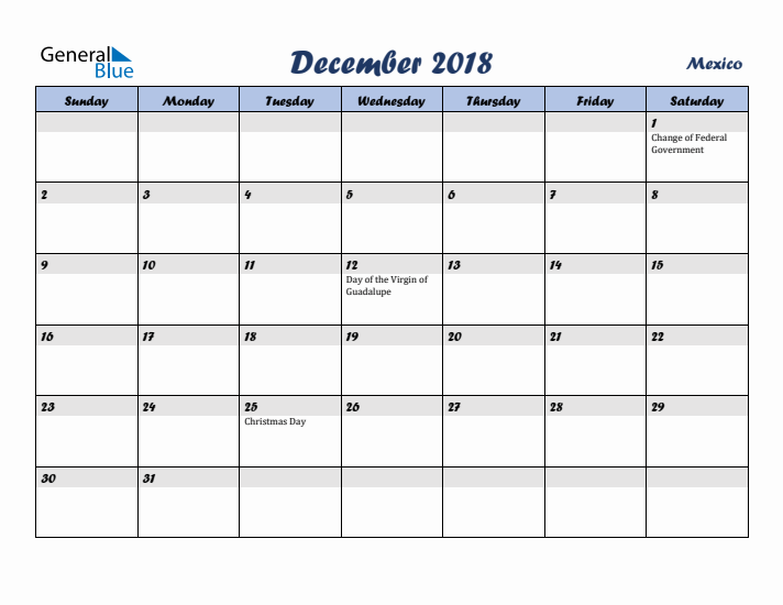 December 2018 Calendar with Holidays in Mexico