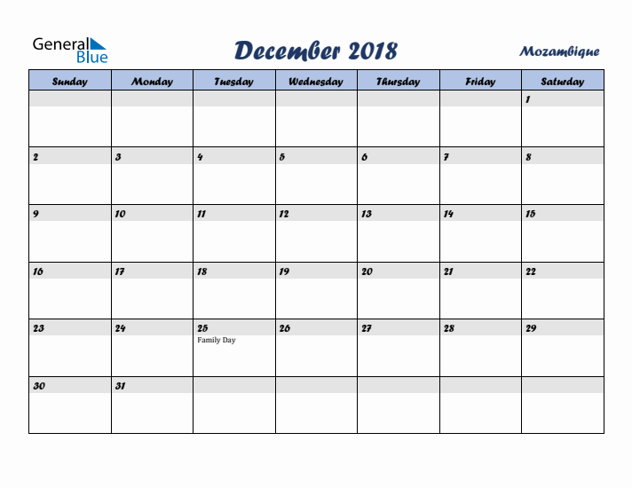 December 2018 Calendar with Holidays in Mozambique