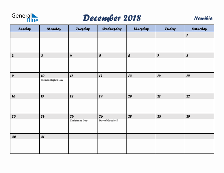 December 2018 Calendar with Holidays in Namibia