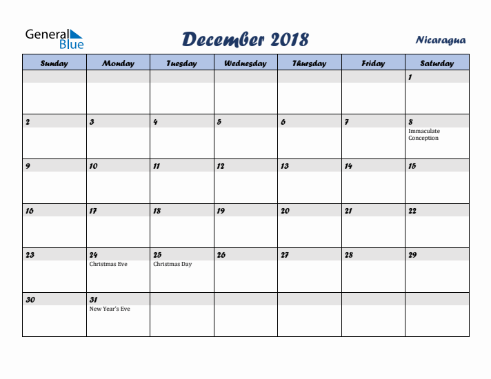 December 2018 Calendar with Holidays in Nicaragua