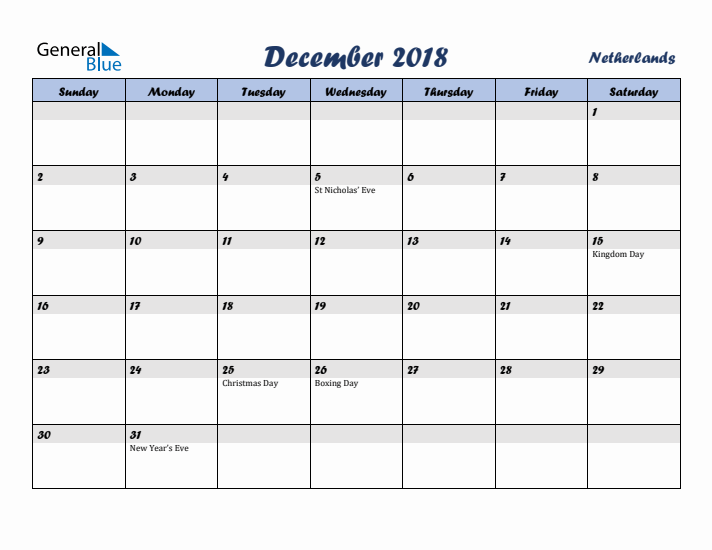 December 2018 Calendar with Holidays in The Netherlands