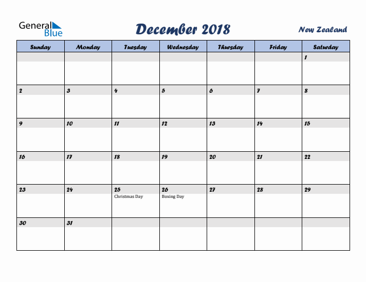 December 2018 Calendar with Holidays in New Zealand