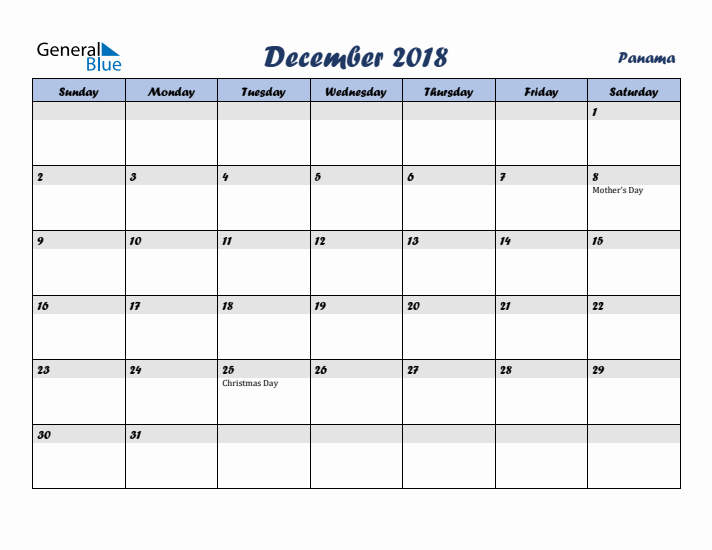 December 2018 Calendar with Holidays in Panama