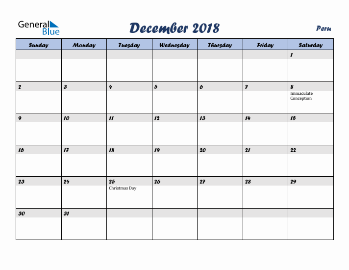 December 2018 Calendar with Holidays in Peru