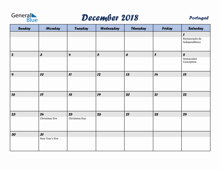 December 2018 Calendar with Holidays in Portugal
