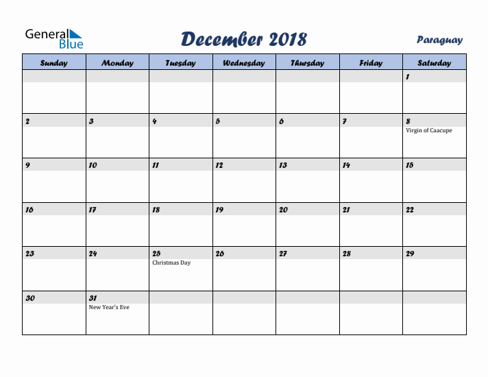 December 2018 Calendar with Holidays in Paraguay