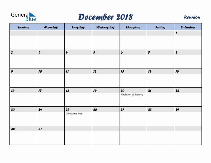 December 2018 Calendar with Holidays in Reunion