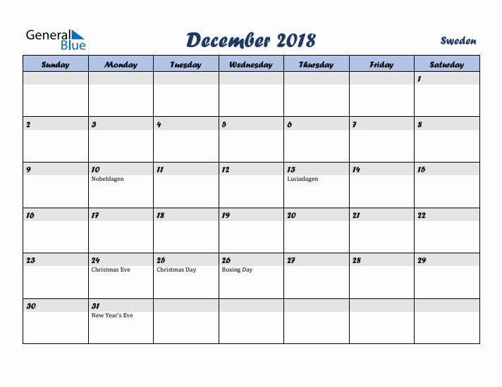 December 2018 Calendar with Holidays in Sweden