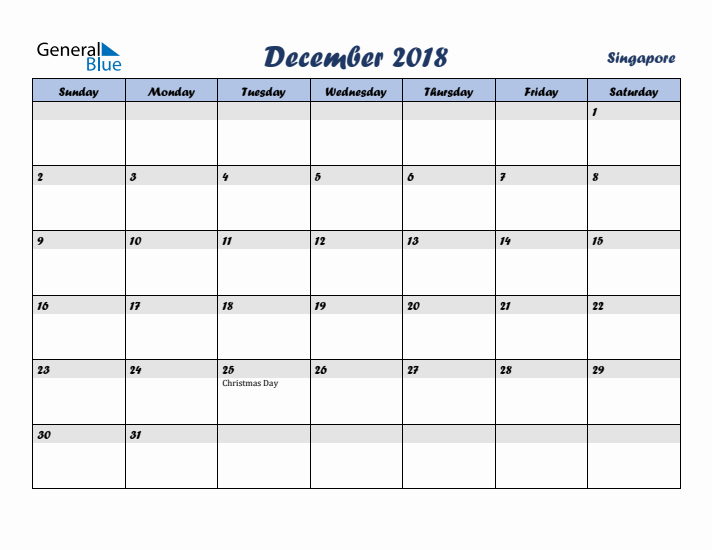 December 2018 Calendar with Holidays in Singapore