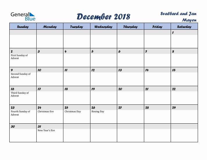 December 2018 Calendar with Holidays in Svalbard and Jan Mayen
