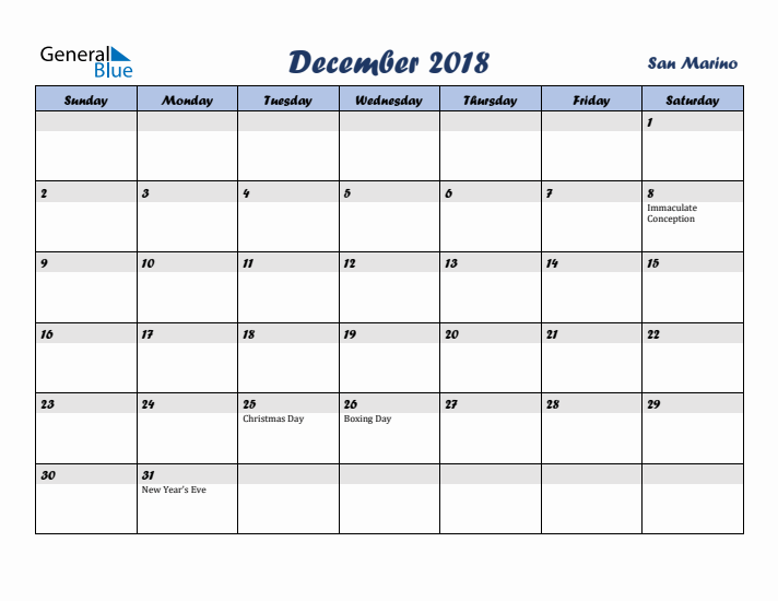 December 2018 Calendar with Holidays in San Marino