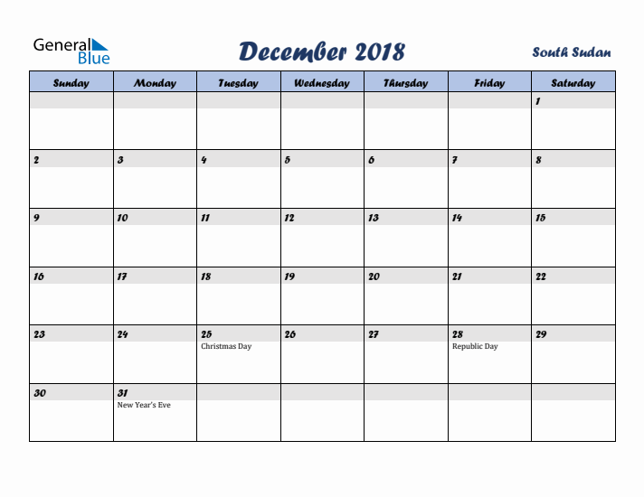 December 2018 Calendar with Holidays in South Sudan