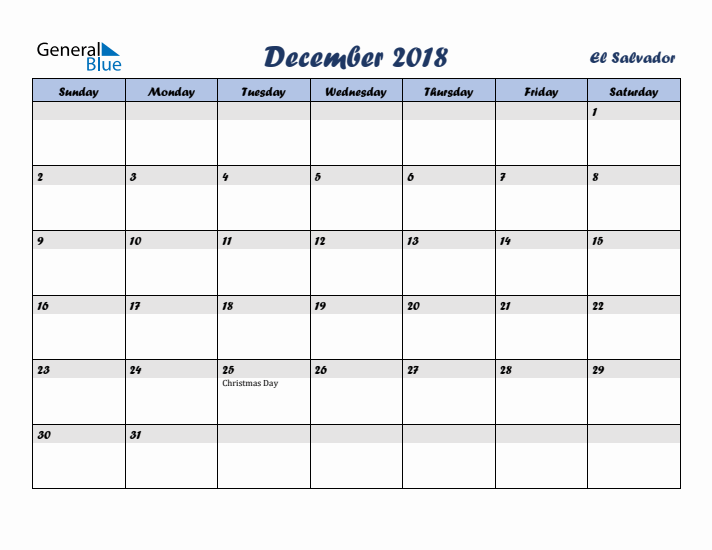December 2018 Calendar with Holidays in El Salvador
