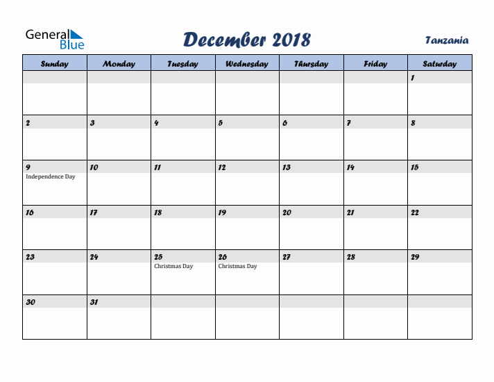 December 2018 Calendar with Holidays in Tanzania