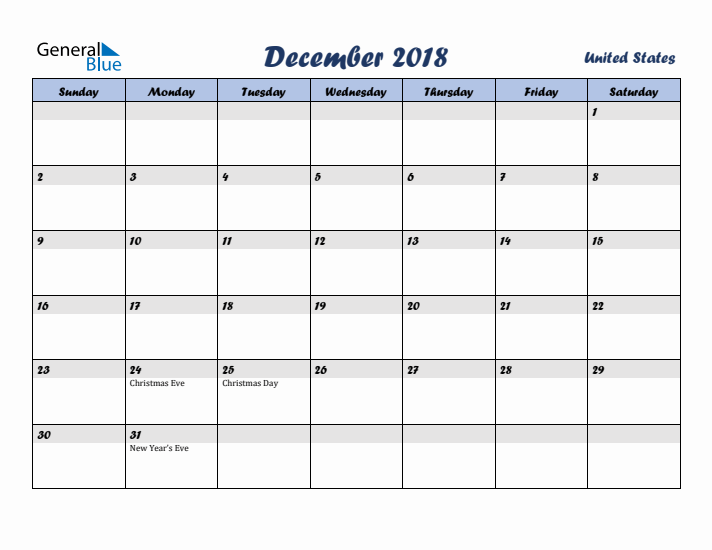 December 2018 Calendar with Holidays in United States