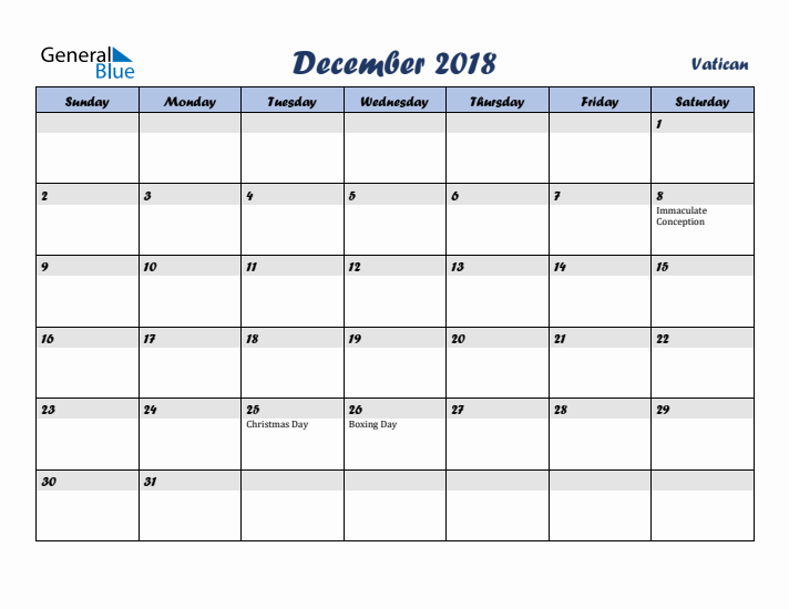 December 2018 Calendar with Holidays in Vatican