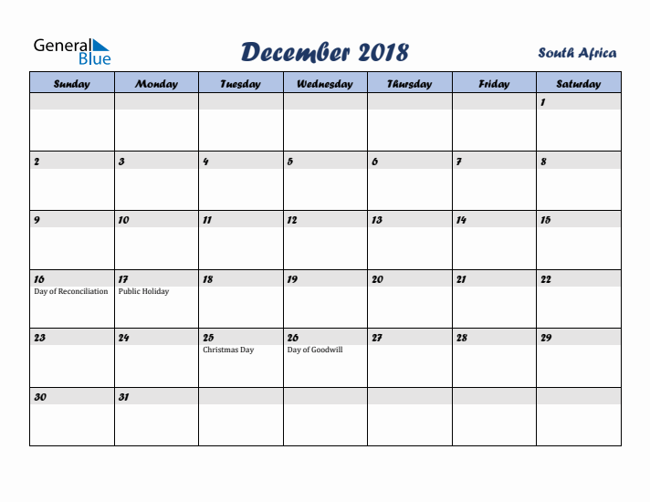 December 2018 Calendar with Holidays in South Africa