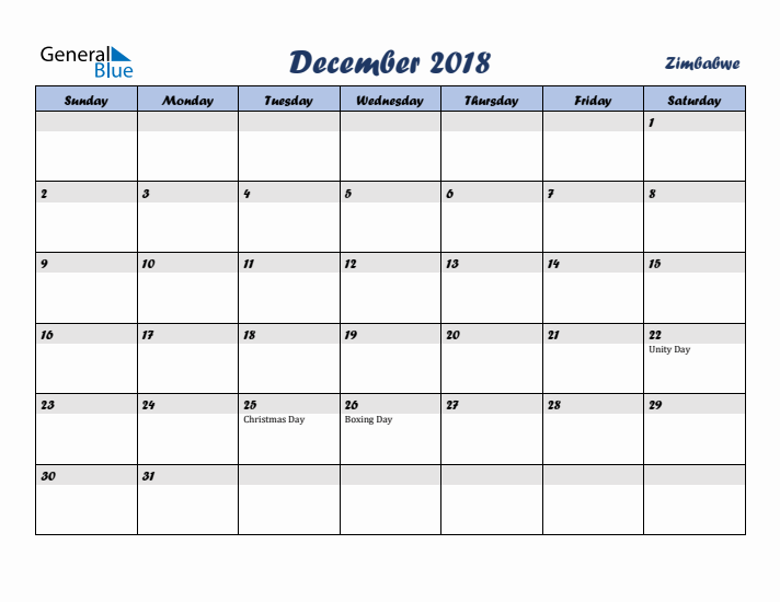 December 2018 Calendar with Holidays in Zimbabwe