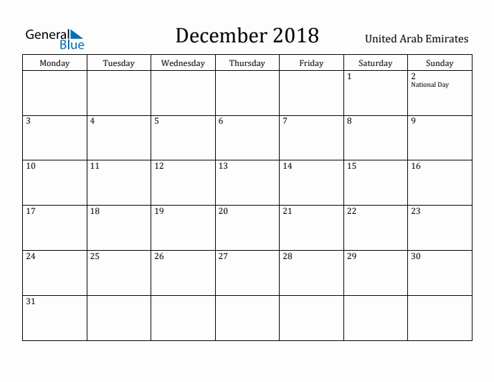 December 2018 Calendar United Arab Emirates