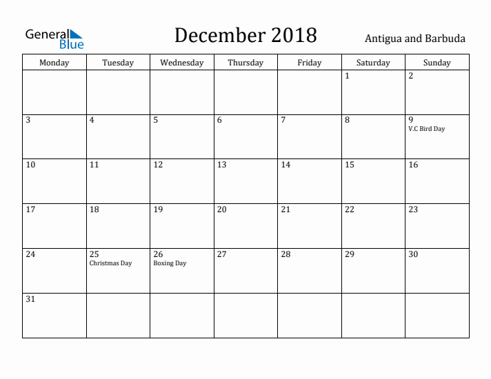 December 2018 Calendar Antigua and Barbuda