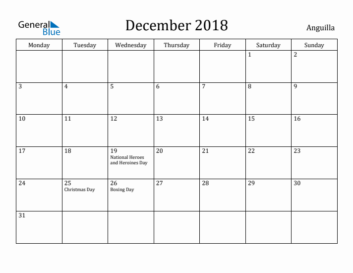 December 2018 Calendar Anguilla