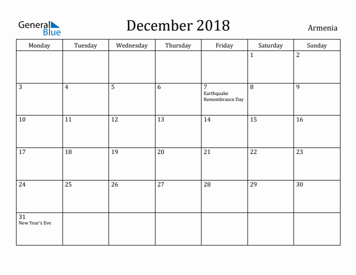 December 2018 Calendar Armenia