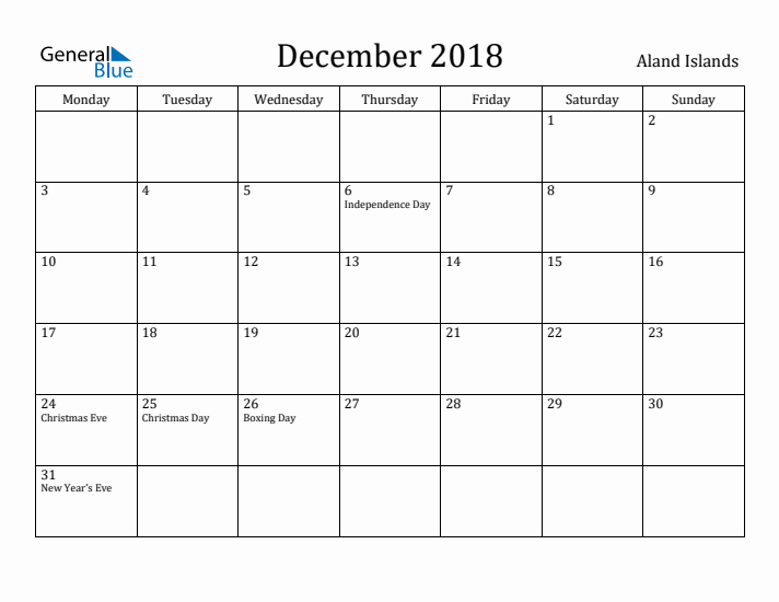 December 2018 Calendar Aland Islands