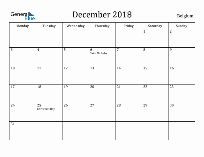 December 2018 Calendar Belgium
