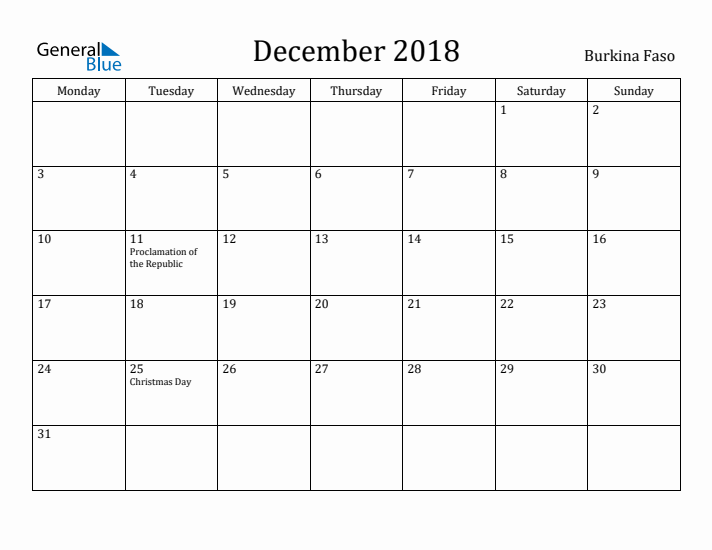 December 2018 Calendar Burkina Faso