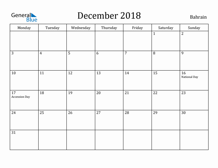 December 2018 Calendar Bahrain