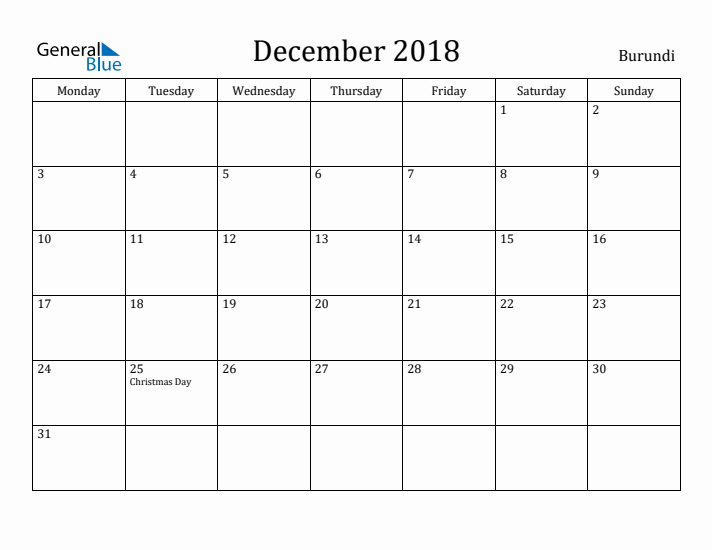 December 2018 Calendar Burundi