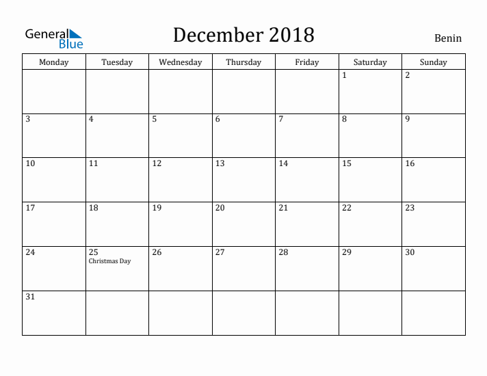 December 2018 Calendar Benin