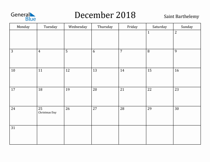 December 2018 Calendar Saint Barthelemy