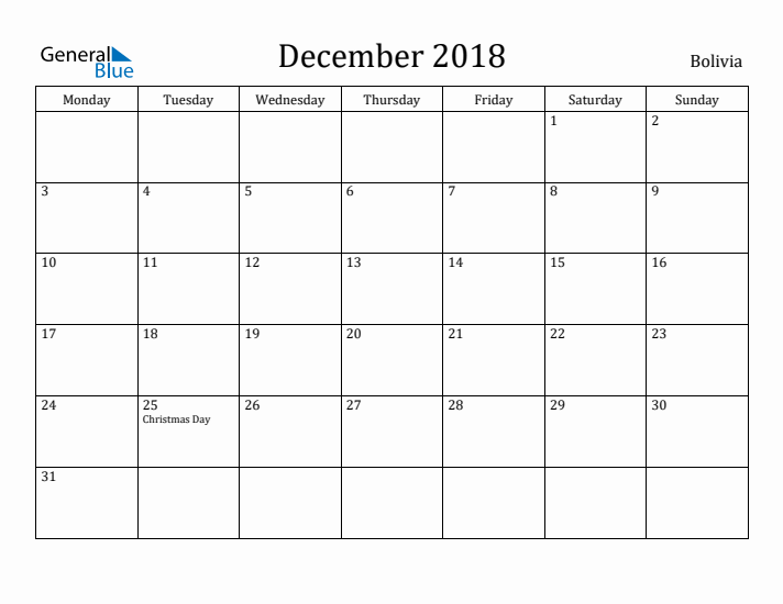 December 2018 Calendar Bolivia
