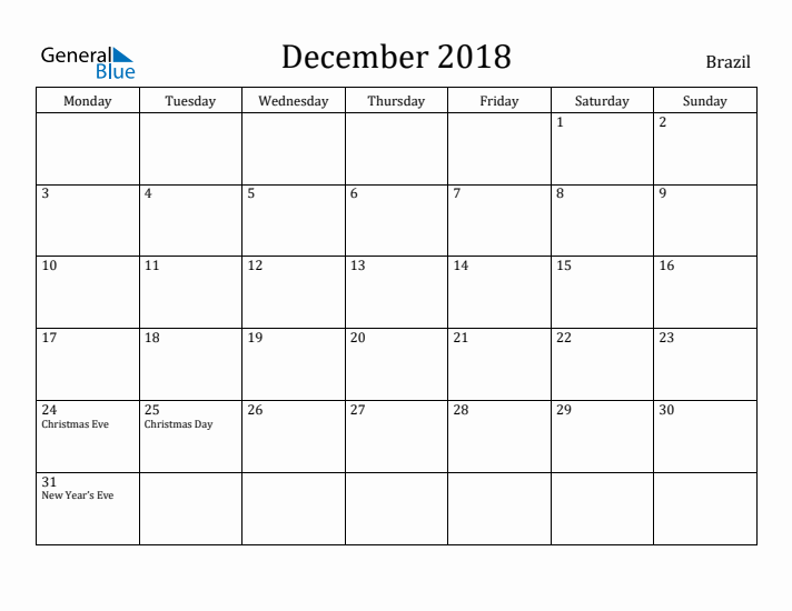 December 2018 Calendar Brazil