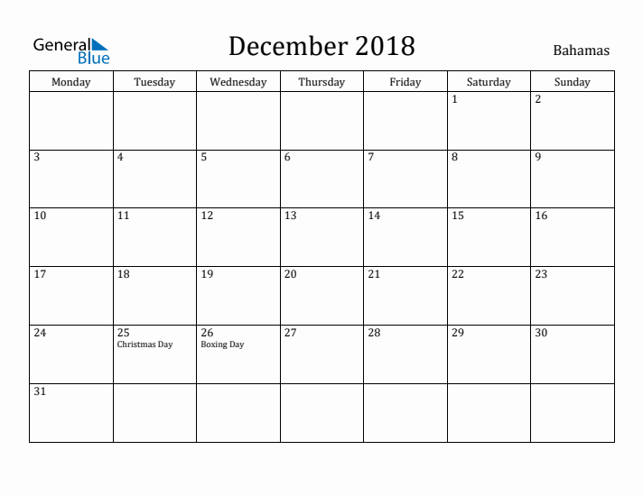 December 2018 Calendar Bahamas