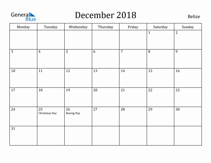December 2018 Calendar Belize